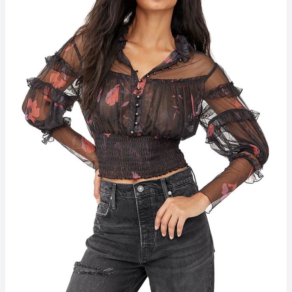 Free People Time for Shine Embroidered Sheer Mesh Lace Blouse Top size M